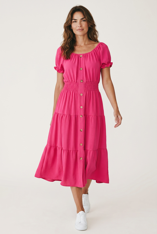 Rochie roz fucsia damă – cu nasturi decorativi și bandă elastică în talie, mărime universală (S–XXL)