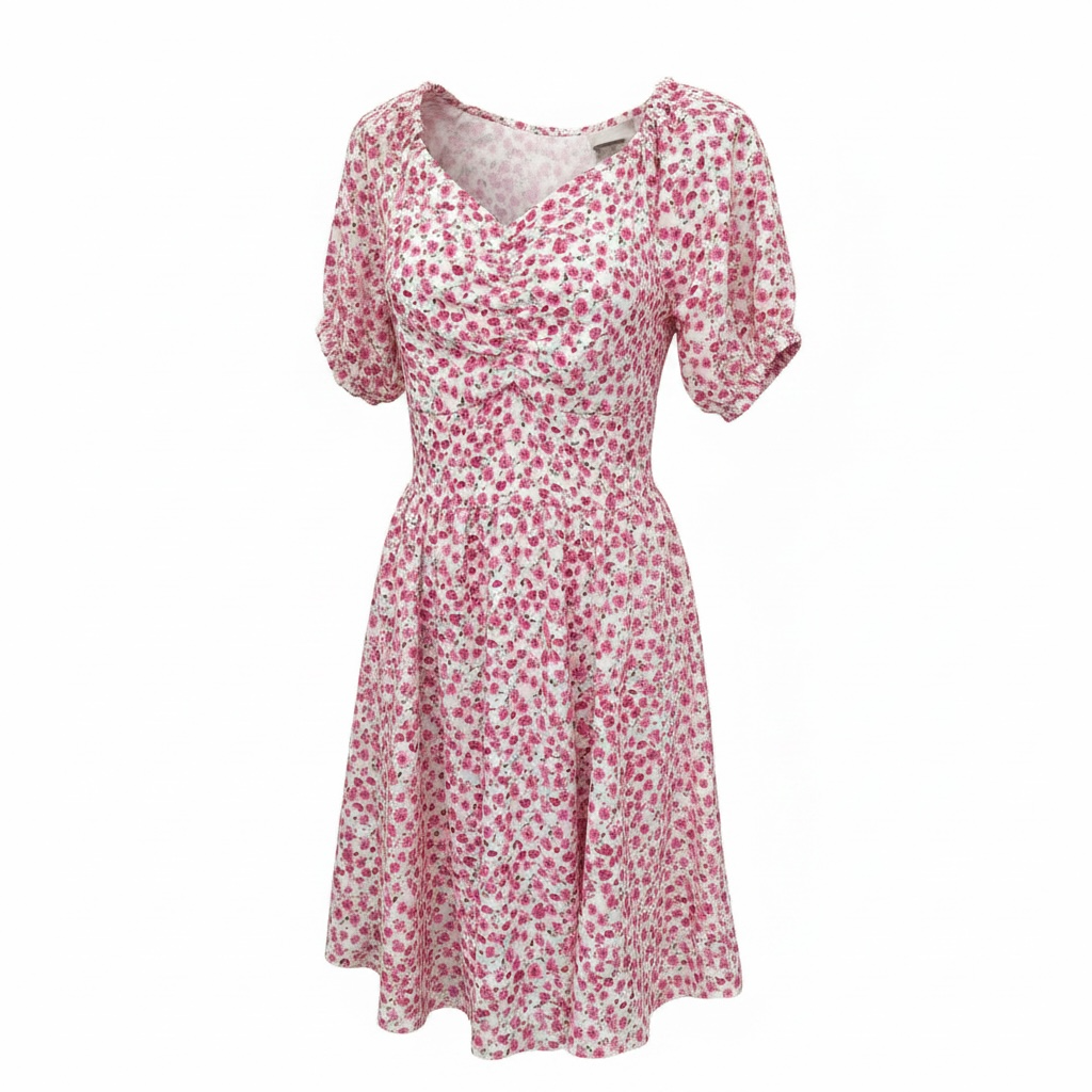 Rochie de vară albă cu floricele roz – mărime universală|MiraStyle