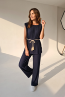 Compleu elegant damă cu pliuri – top și pantaloni cu cordon în talie