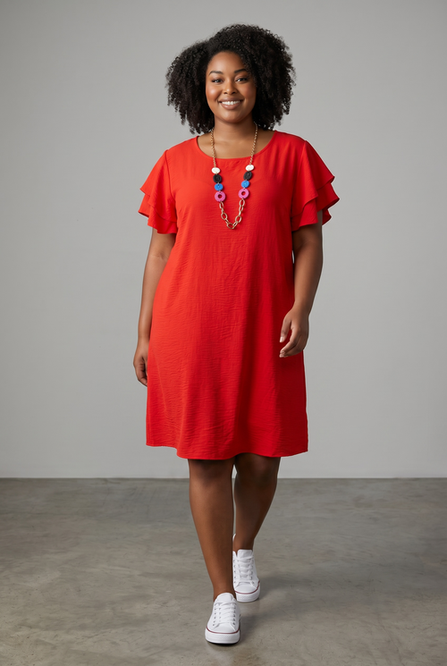 Rochie de vară roșie damă – cu mânecă scurtă și volănașe, perfectă pentru forme generoase