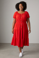 Rochie roșie damă – cu nasturi decorativi și bandă elastică în talie, mărime universală (S–XXL)