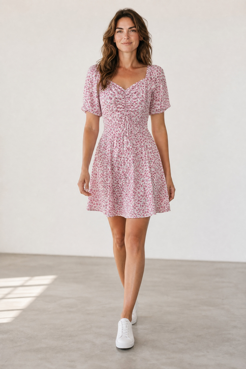 Rochie de vară albă cu floricele roz – mărime universală|MiraStyle