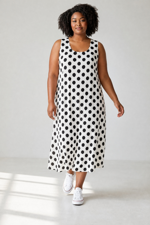 Rochie midi lejeră albă cu buline negre – croială elegantă pentru doamne cu forme
