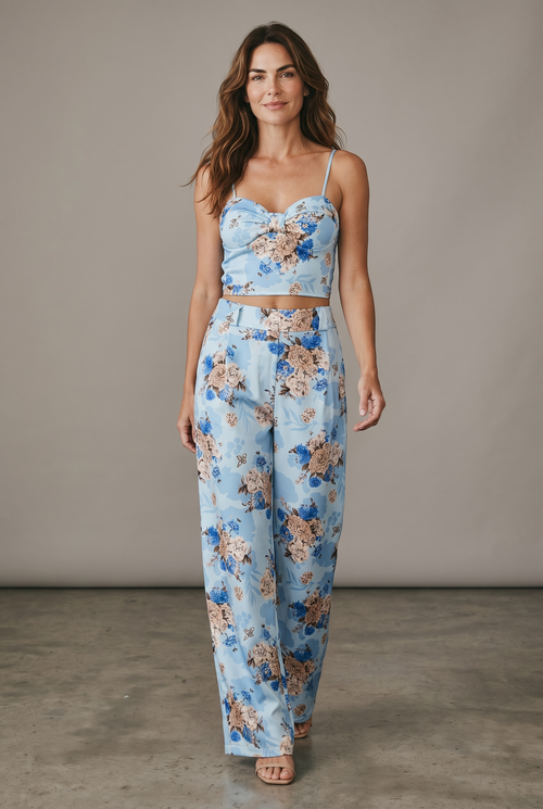 Compleu damă bleu cu imprimeu floral – Top și pantaloni lungi