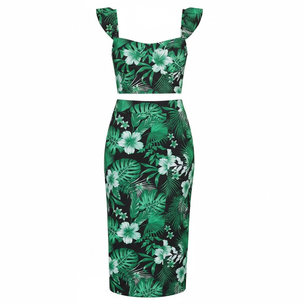 Compleu de vară negru cu imprimeu floral verde – top și fustă midi cu crăpătură laterală