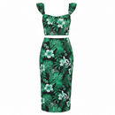 Compleu de vară negru cu imprimeu floral verde – top și fustă midi cu crăpătură laterală