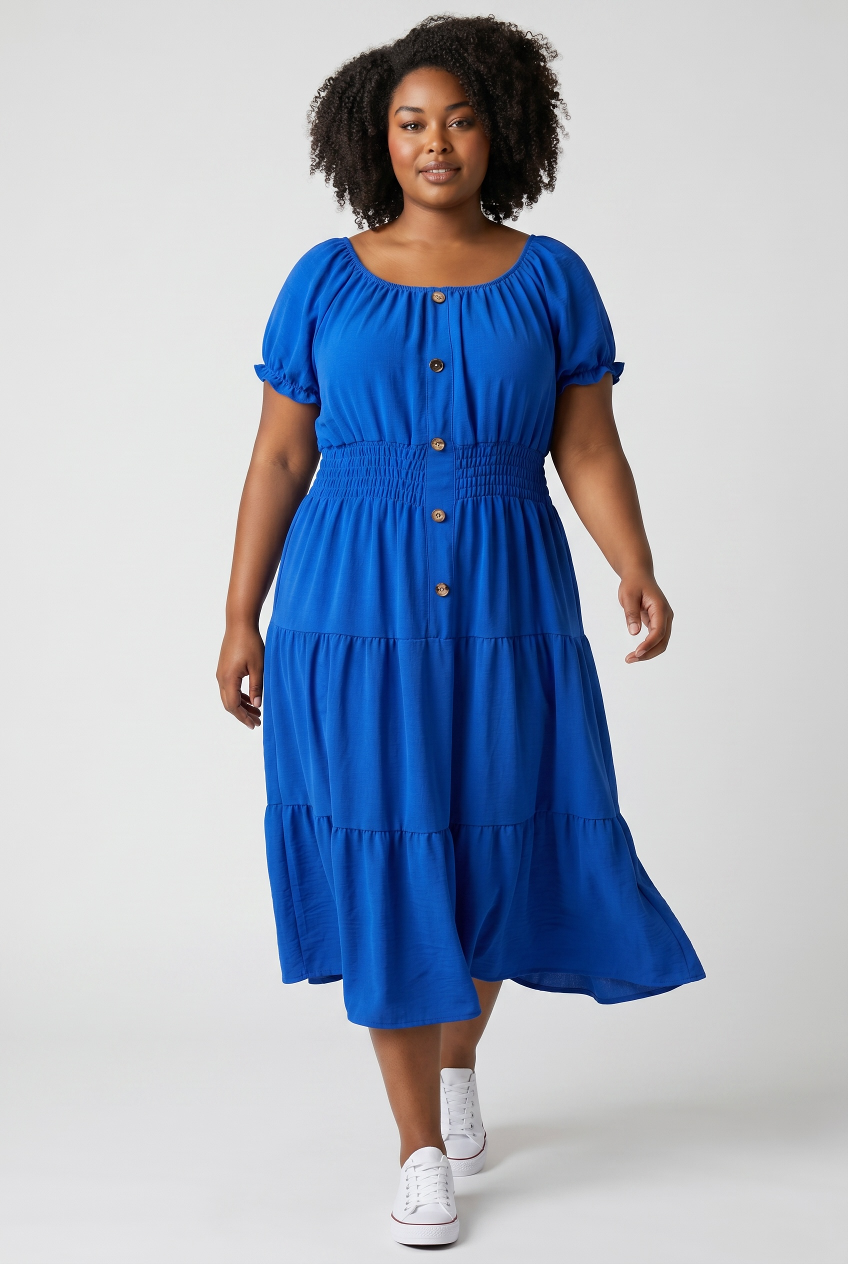 Rochie albastru royal damă – cu nasturi decorativi și bandă elastică în talie, mărime universală (S–XXL)