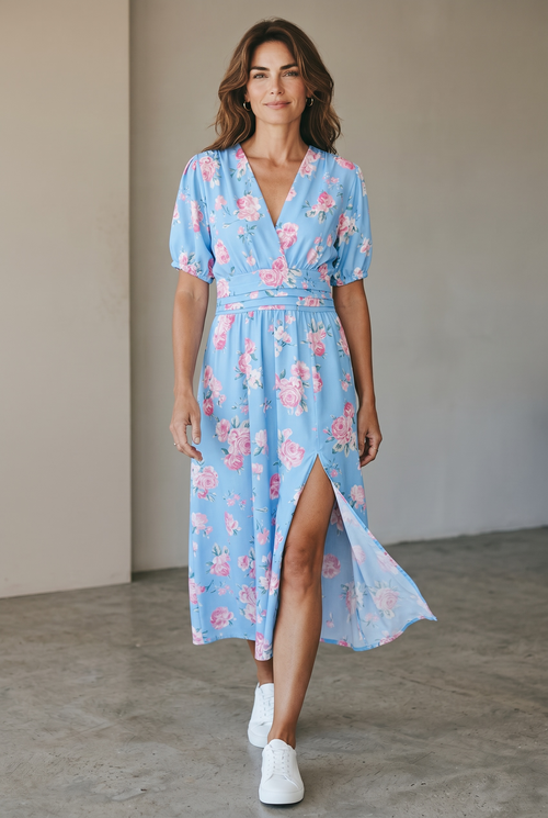 Rochie midi bleu cu imprimeu floral roz – mărime universală, feminină și elegantă