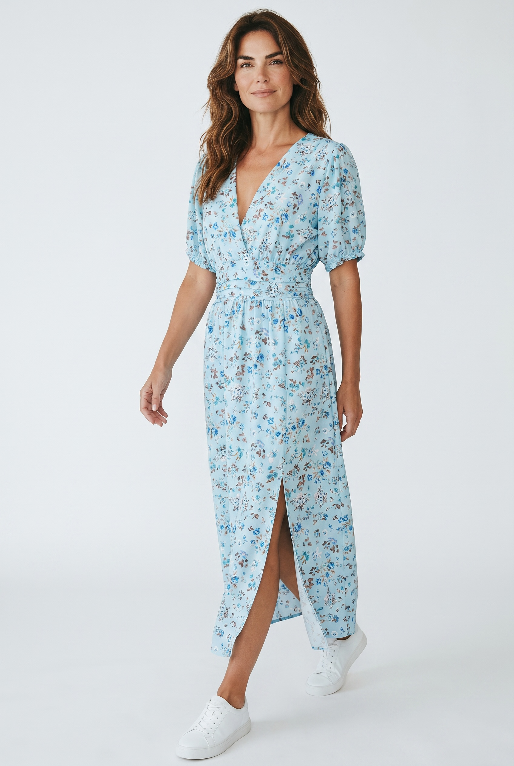 Rochie midi florală bleu, mărime universală – confort și eleganță pentru orice siluetă