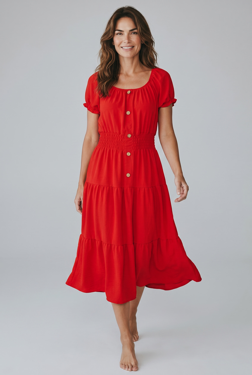 Rochie roșie damă – cu nasturi decorativi și bandă elastică în talie, mărime universală (S–XXL)