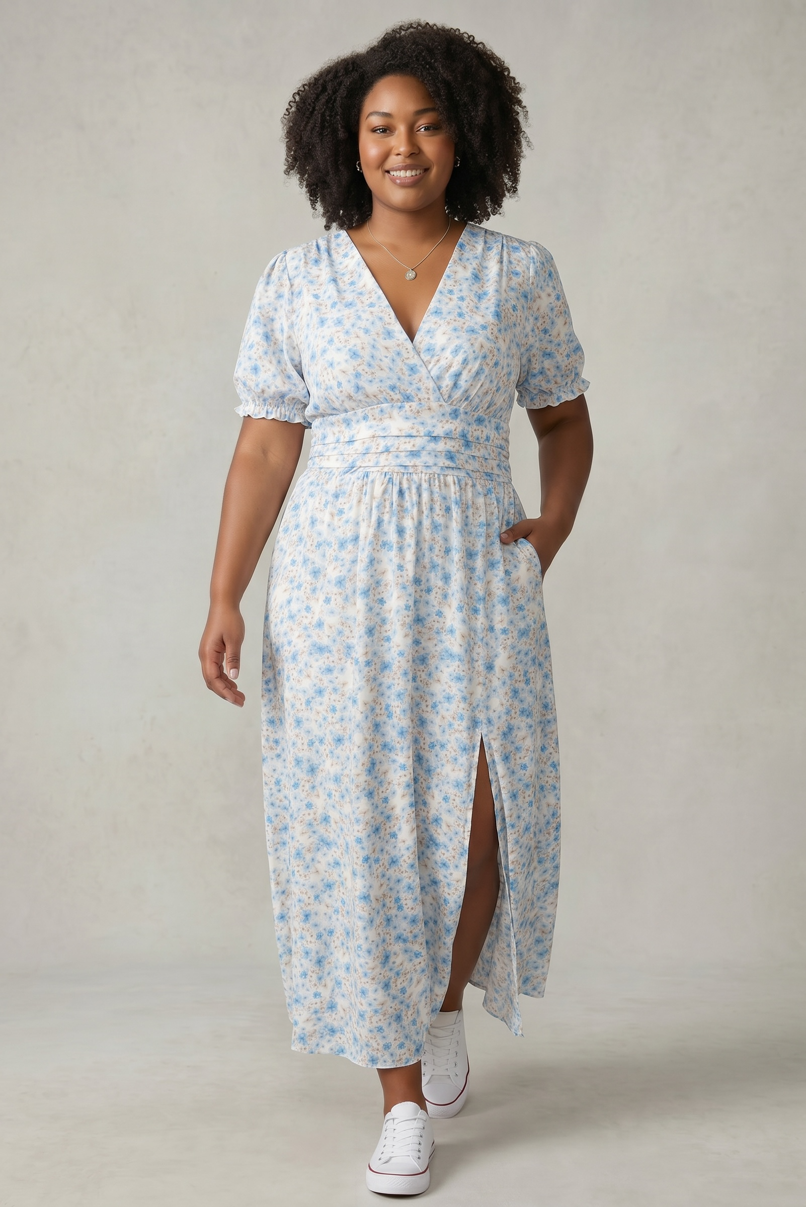 Rochie midi albă cu imprimeu floral albastru – mărime universală, feminină și confortabilă