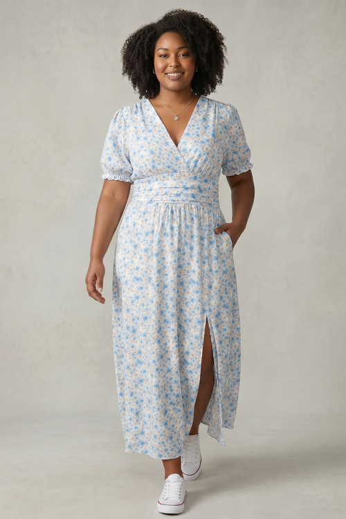 Rochie midi albă cu imprimeu floral albastru – mărime universală, feminină și confortabilă