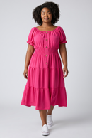 Rochie roz fucsia damă – cu nasturi decorativi și bandă elastică în talie, mărime universală (S–XXL)