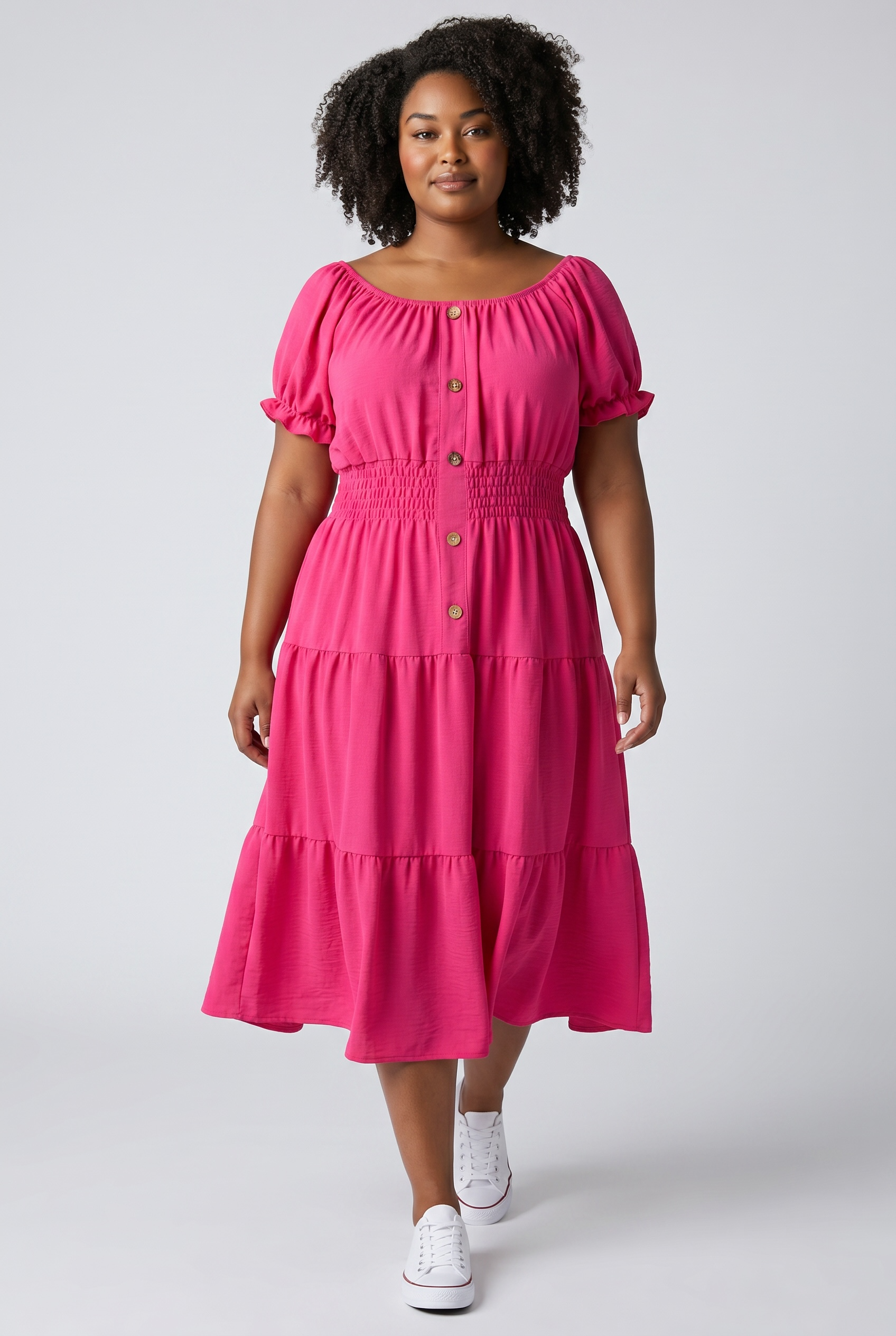 Rochie roz fucsia damă – cu nasturi decorativi și bandă elastică în talie, mărime universală (S–XXL)