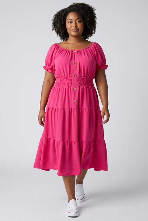 Rochie roz fucsia damă – cu nasturi decorativi și bandă elastică în talie, mărime universală (S–XXL)