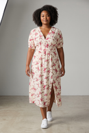 Rochie midi bej cu imprimeu floral roz – mărime universală, elegantă și confortabilă