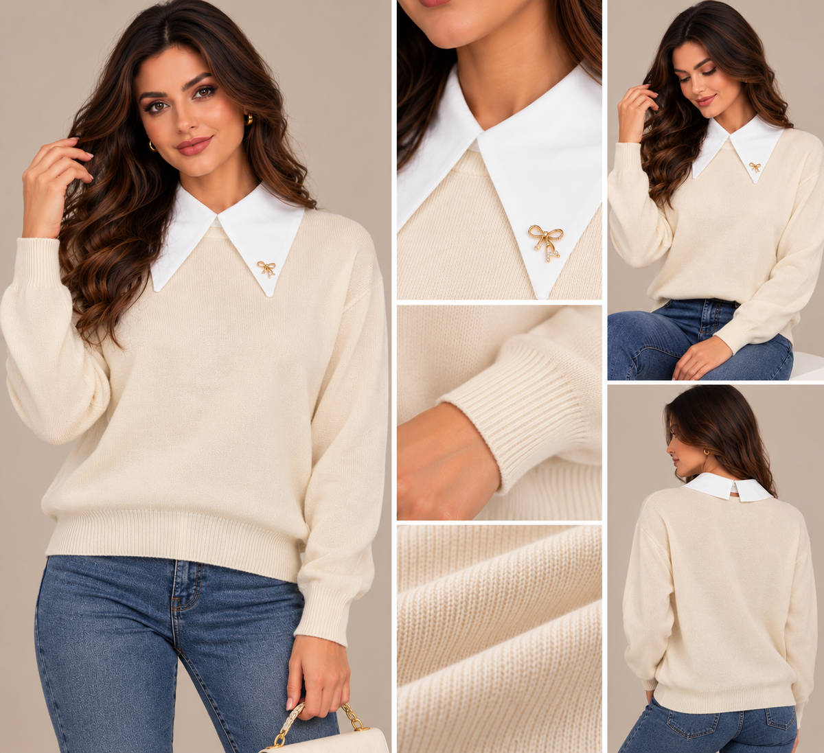 Pulover damă tricotat cu guler alb |Mira Style