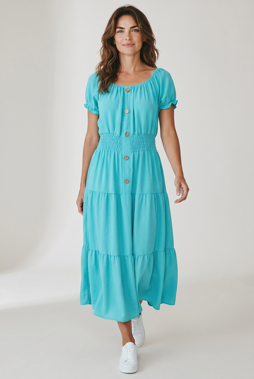Rochie turcoaz damă – cu nasturi decorativi și bandă elastică în talie, mărime universală (S–XXL)