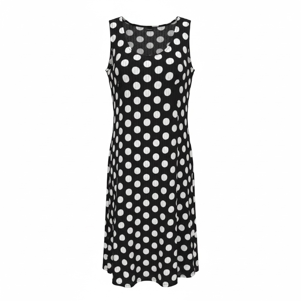 Rochie midi lejeră neagră cu buline albe – elegantă pentru doamne cu forme