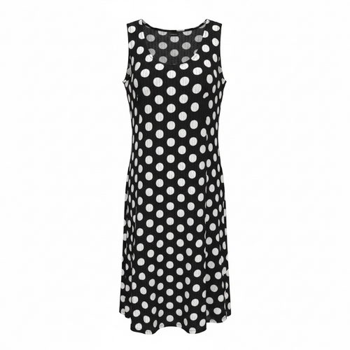 Rochie midi lejeră neagră cu buline albe – elegantă pentru doamne cu forme