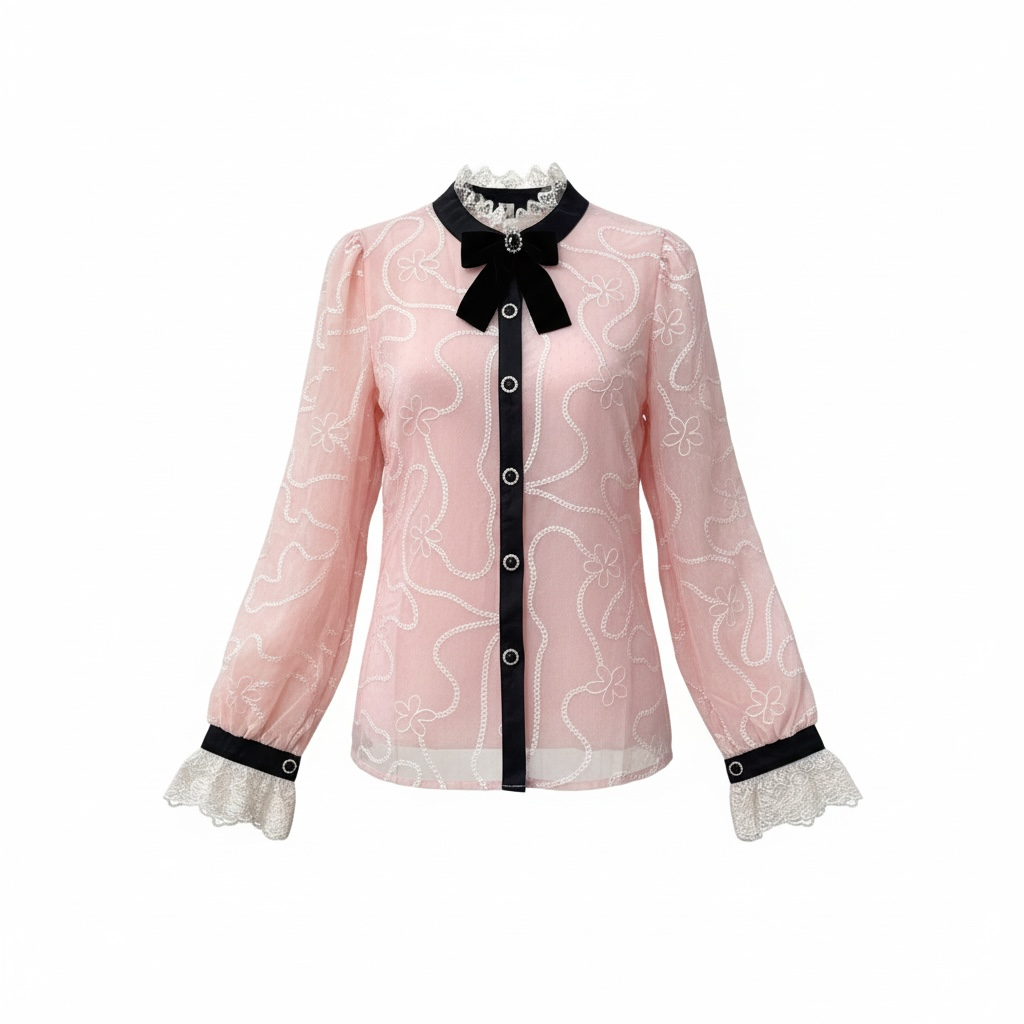 Bluză roz cu fundă neagră și broderie | Mira Style