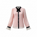Bluză roz cu fundă neagră și broderie | Mira Style