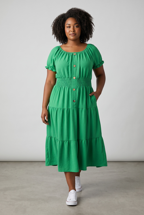 Rochie verde damă – cu nasturi decorativi și bandă elastică în talie, mărime universală (S–XXL)
