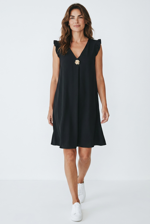 Rochie neagră lejeră din material fluid – cu broșă decorativă aurie, mărime universală (S–XXL)