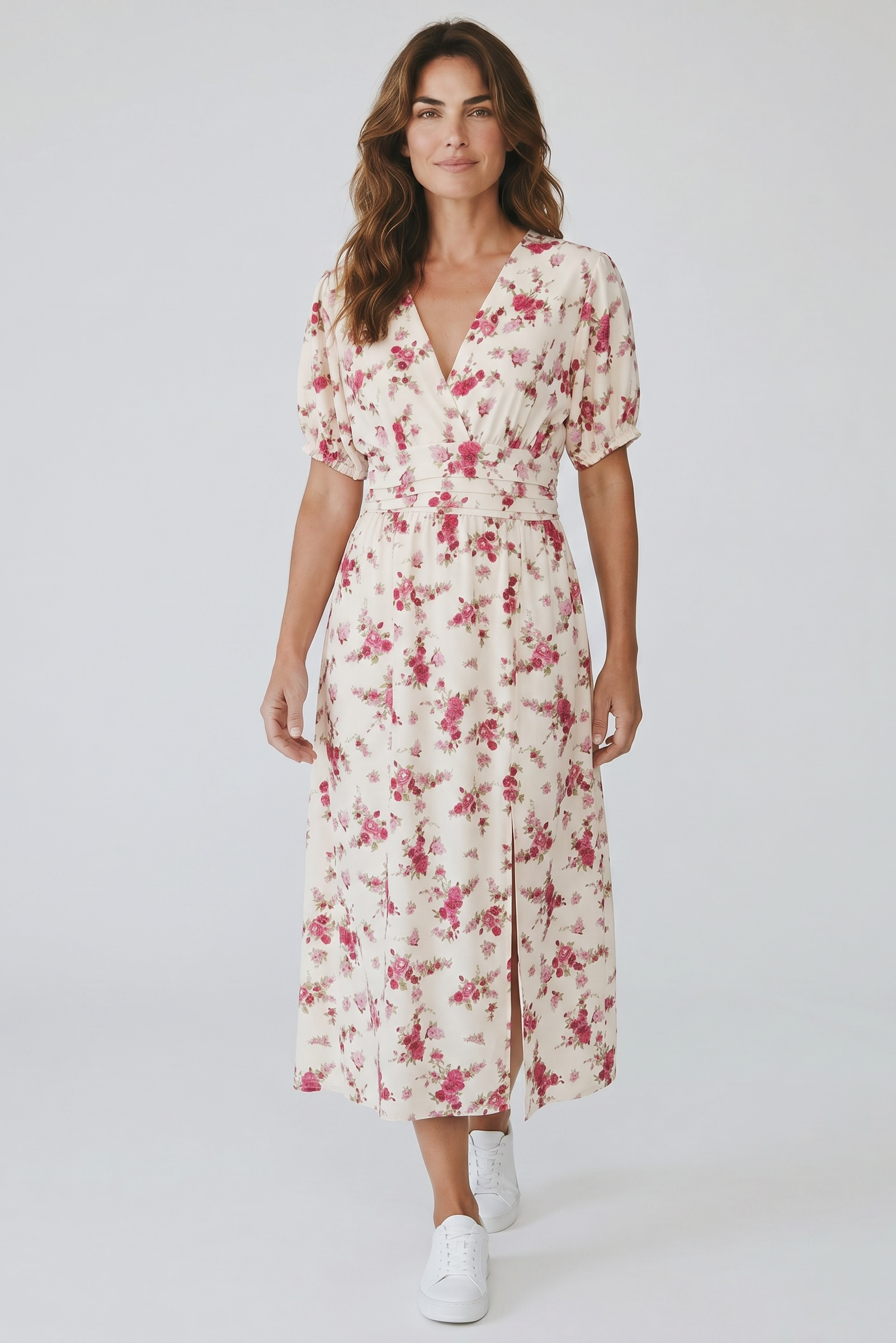 Rochie midi bej cu imprimeu floral roz – mărime universală, elegantă și confortabilă