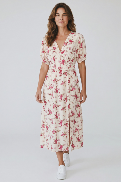 Rochie midi bej cu imprimeu floral roz – mărime universală, elegantă și confortabilă