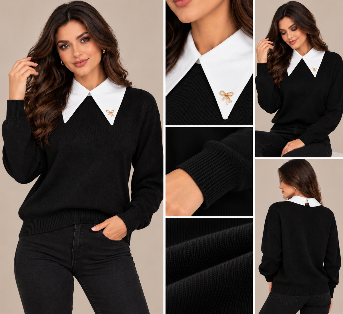 Pulover damă tricotat cu guler alb |Mira Style
