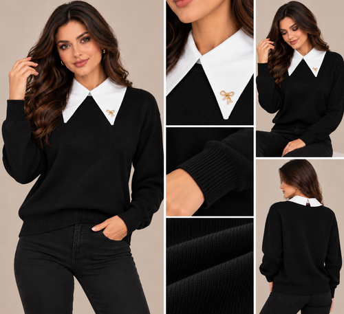 Pulover damă tricotat cu guler alb |Mira Style