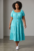 Rochie turcoaz damă – cu nasturi decorativi și bandă elastică în talie, mărime universală (S–XXL)
