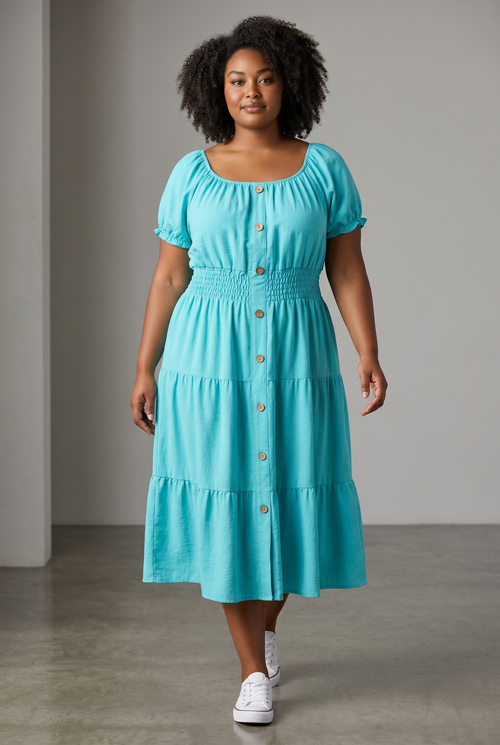Rochie turcoaz damă – cu nasturi decorativi și bandă elastică în talie, mărime universală (S–XXL)