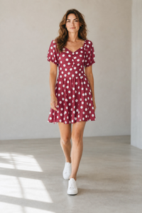Rochie de vară bordo cu buline albe – mărime universală