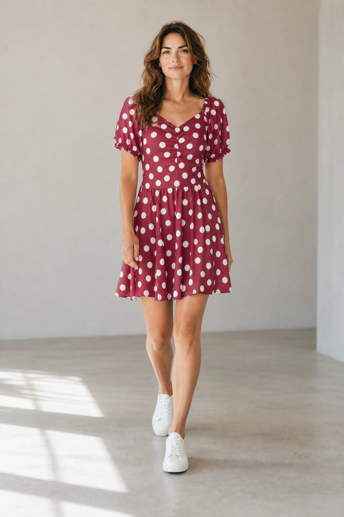 Rochie de vară bordo cu buline albe – mărime universală