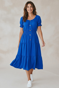 Rochie albastru royal damă – cu nasturi decorativi și bandă elastică în talie, mărime universală (S–XXL)