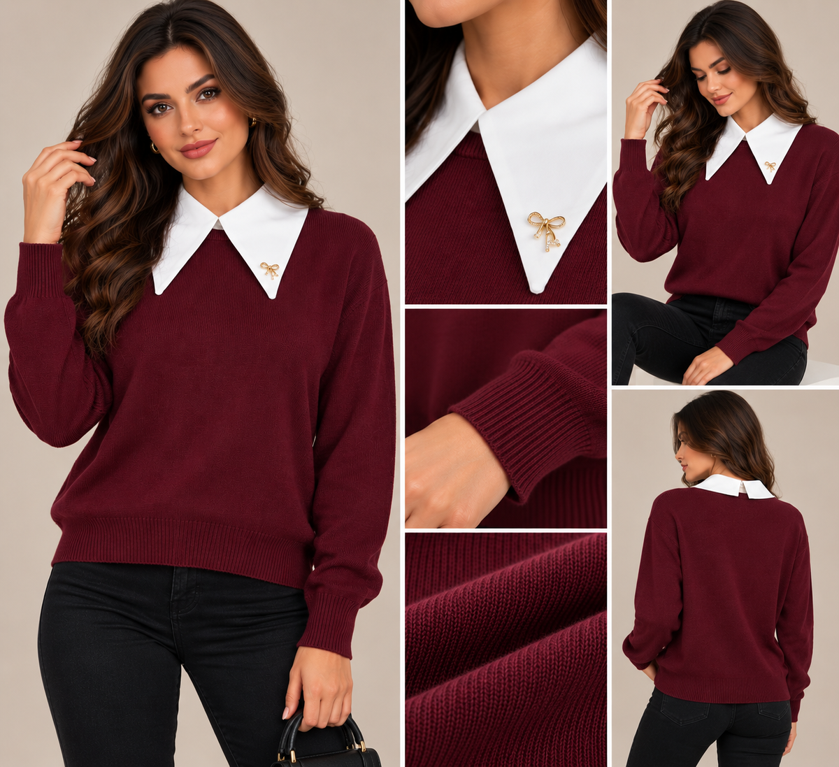 Pulover damă tricotat cu guler alb |Mira Style
