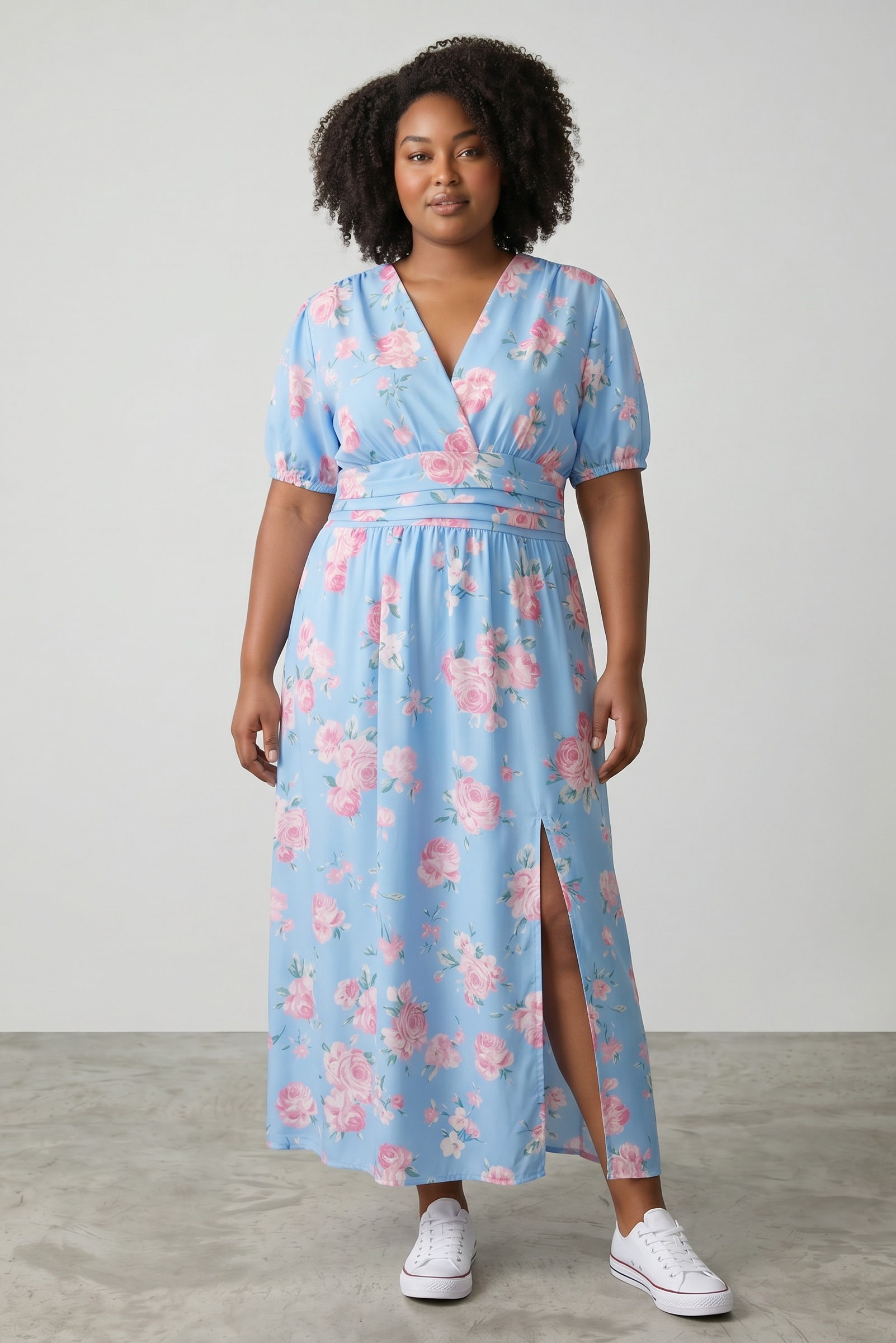 Rochie midi bleu cu imprimeu floral roz – mărime universală, feminină și elegantă