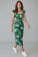 Compleu de vară negru cu imprimeu floral verde – top și fustă midi cu crăpătură laterală