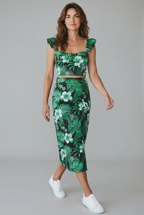 Compleu de vară negru cu imprimeu floral verde – top și fustă midi cu crăpătură laterală