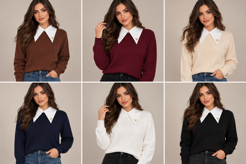 Pulover damă tricotat cu guler alb |Mira Style