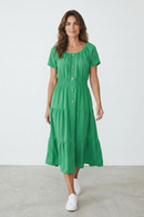 Rochie verde damă – cu nasturi decorativi și bandă elastică în talie, mărime universală (S–XXL)