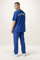 Tricou bărbați albastru royal oversize din bumbac cu imprimeu 'los angeles' și guler în v