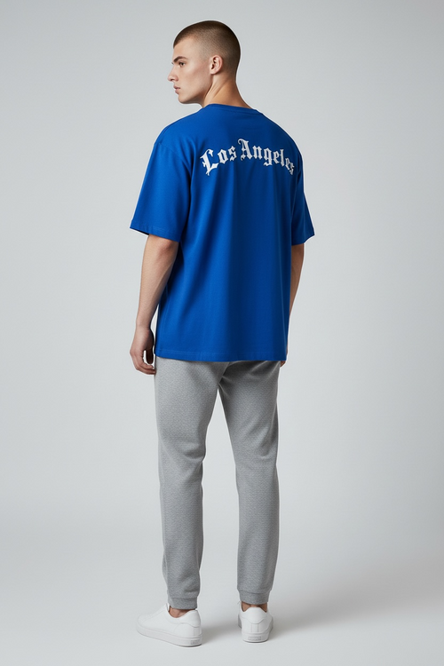 Tricou bărbați albastru royal 'los angeles' cu guler în v și imprimeu pe spate, stil streetwear