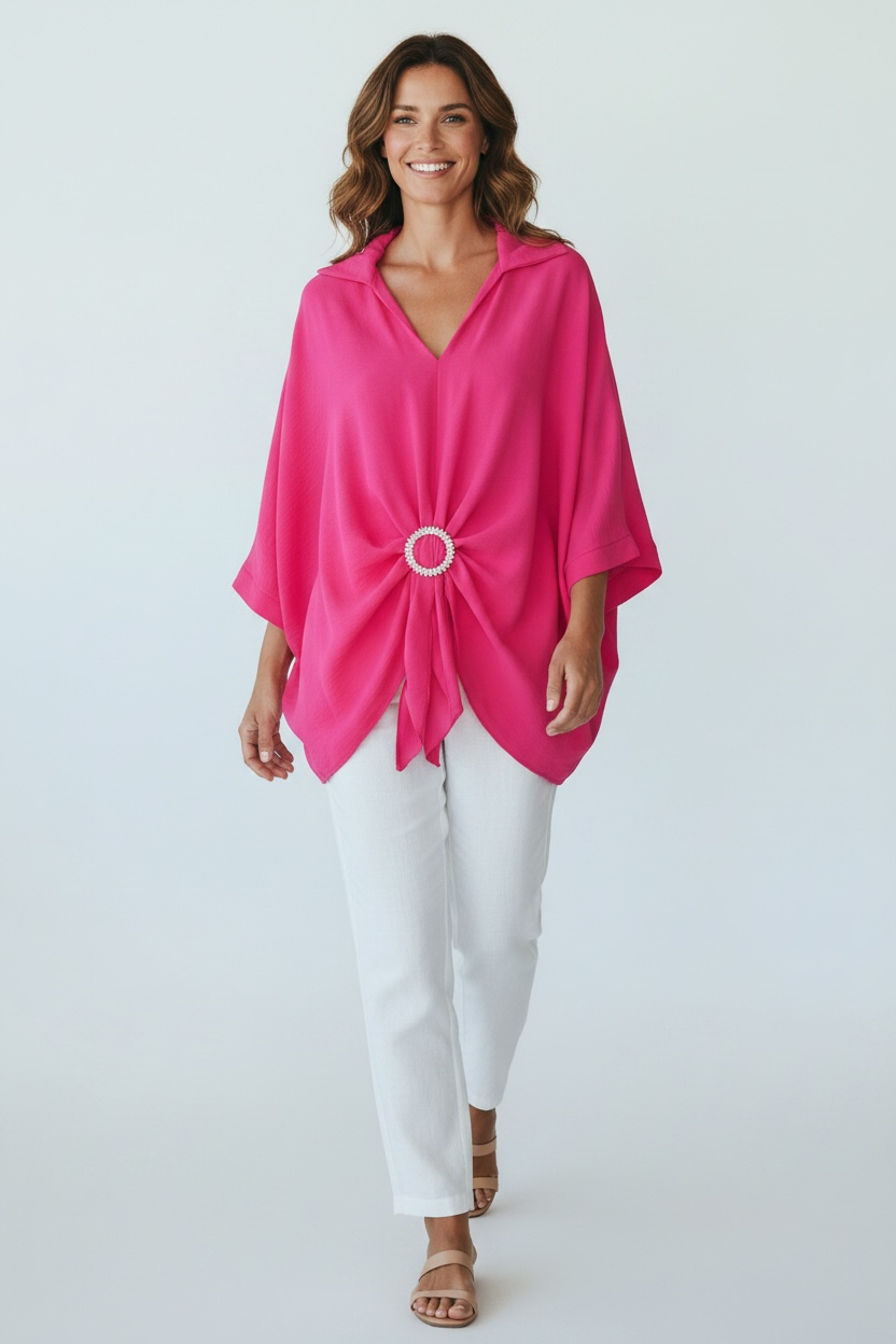 Bluză elegantă fucsia cu design petrecut, cataramă decorativă cu cristale și guler tip cămașă
