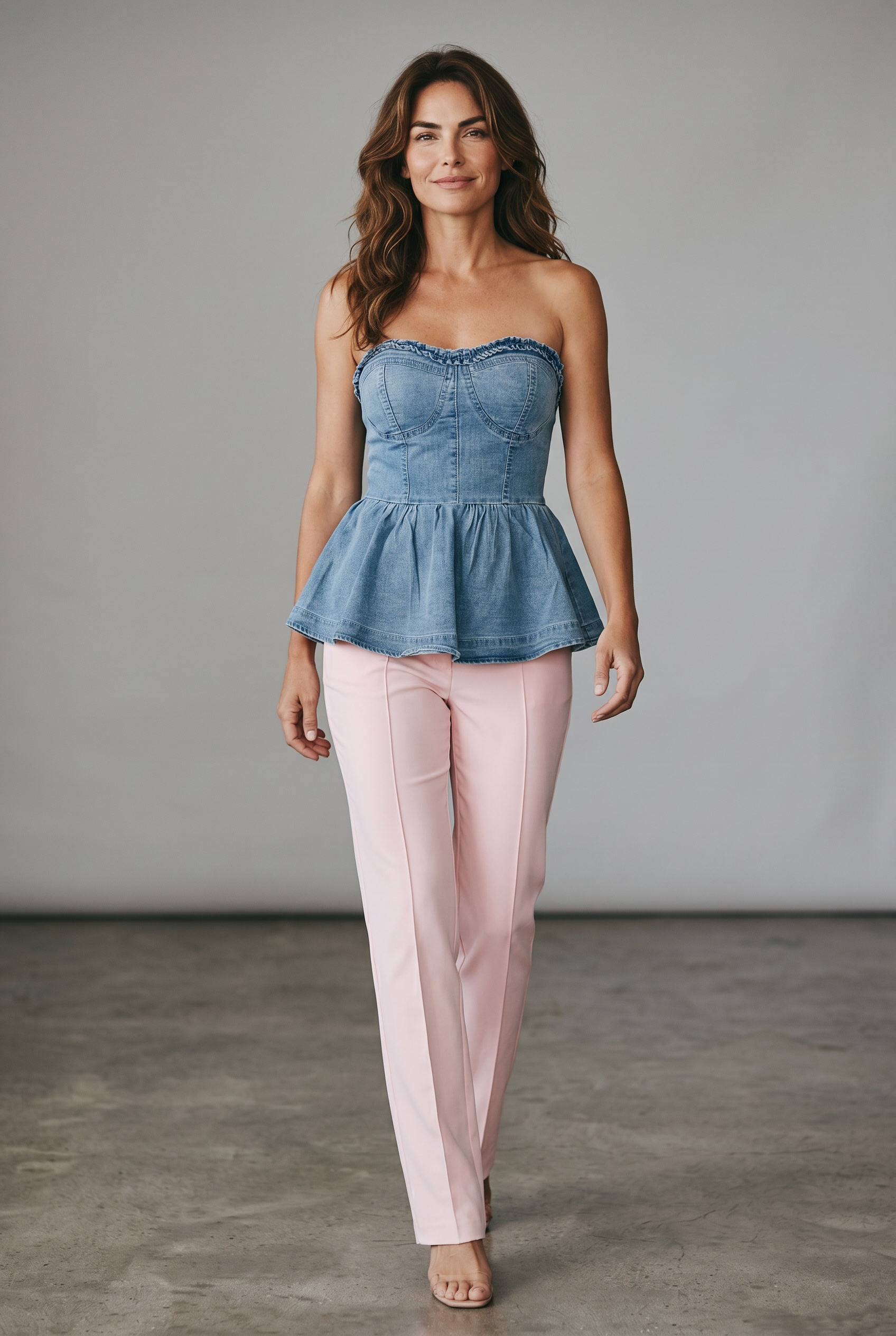 Top corset din denim albastru cu peplum