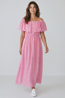 Rochie lungă din bumbac brodat cu volane – Eleganță și confort pentru sezonul cald