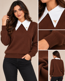 Pulover damă tricotat cu guler alb |Mira Style
