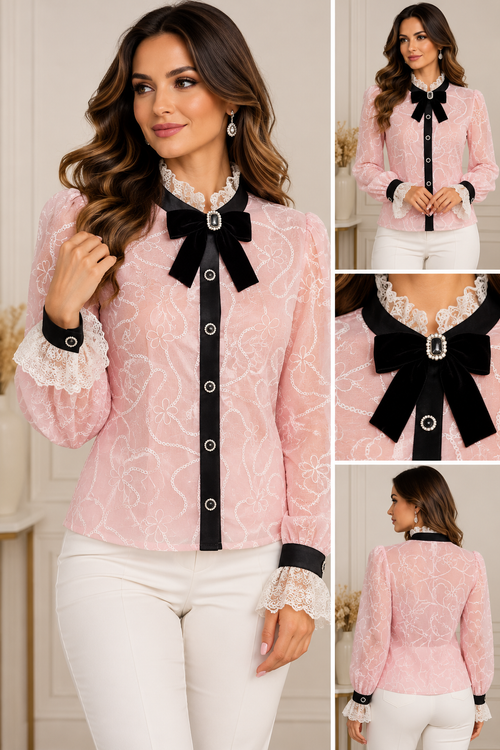 Bluză roz cu fundă neagră și broderie | Mira Style